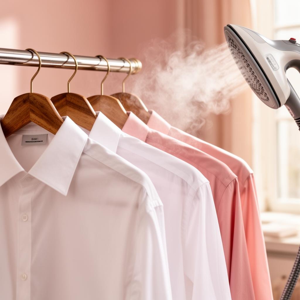 Freshly steamed and pressed shirts on wooden hangers